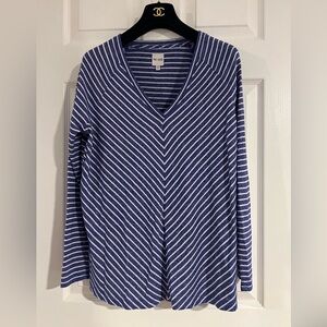 NIC + ZOE Angled Vertical Striped V neck Soft Jersey Top flow 3/4 sleeve L EUC